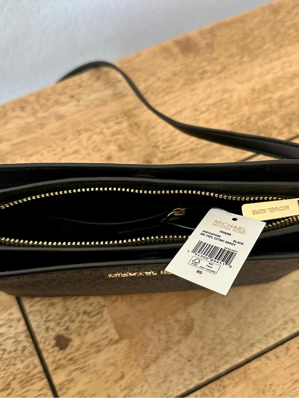 Michael Kors Black Logo-Print Crossbody with Gold Hardware